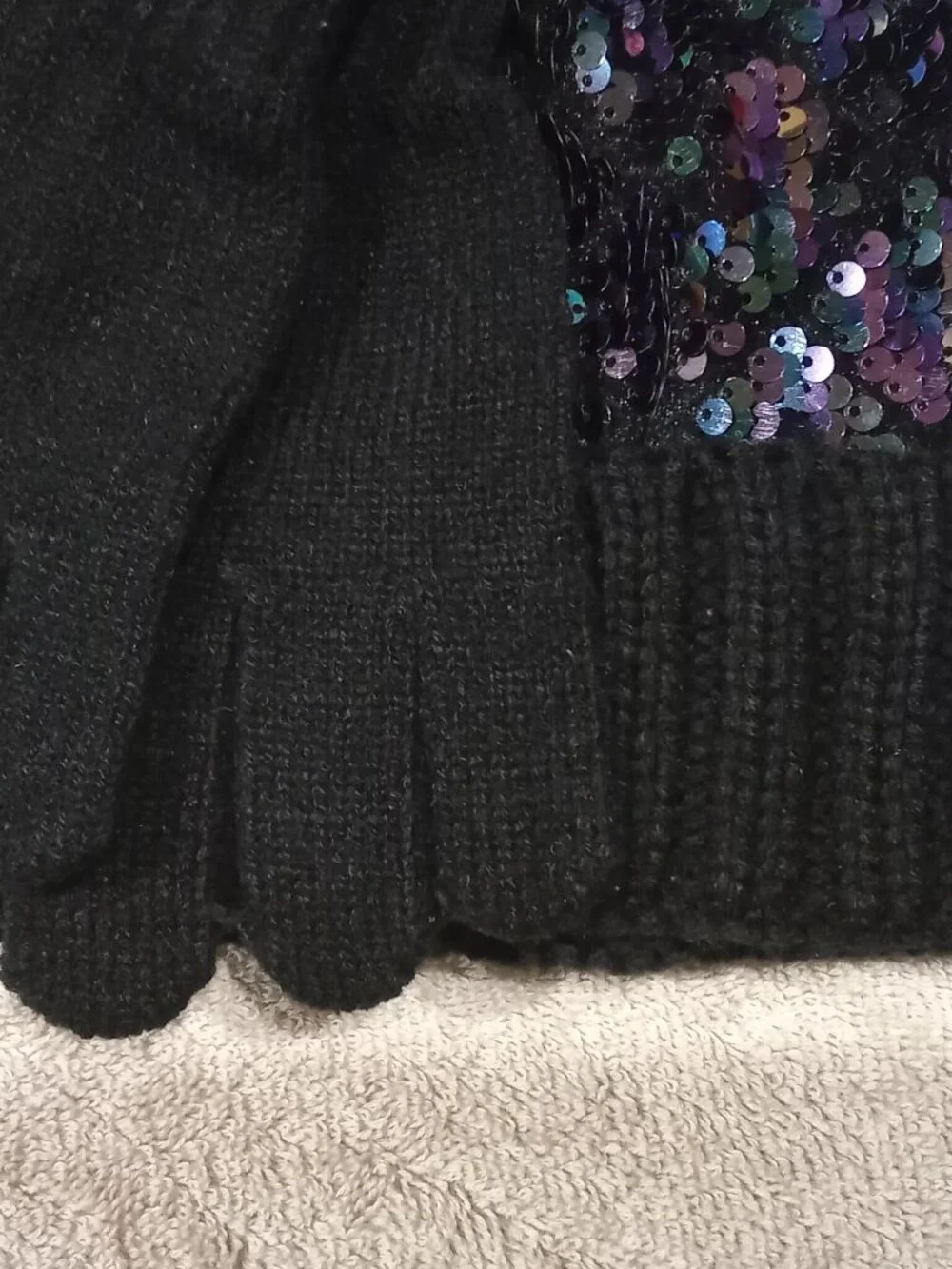 Black sequin JUSTICE hat and gloves